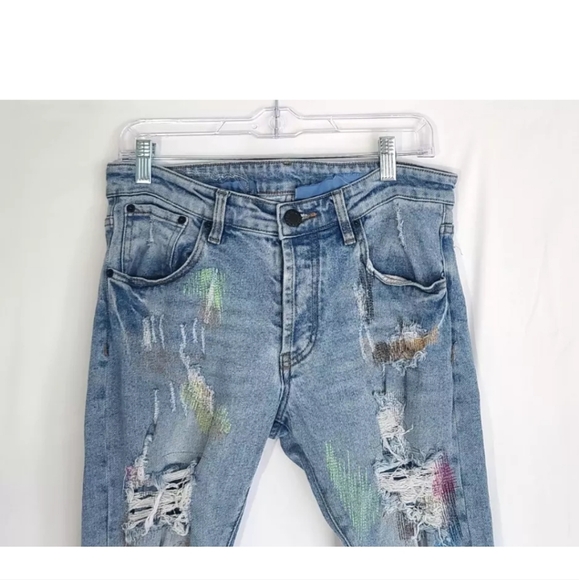 Endless Mens Designer Destroyed Embroidered Applique Skinny Jeans 31 X 31 - Picture 3 of 8